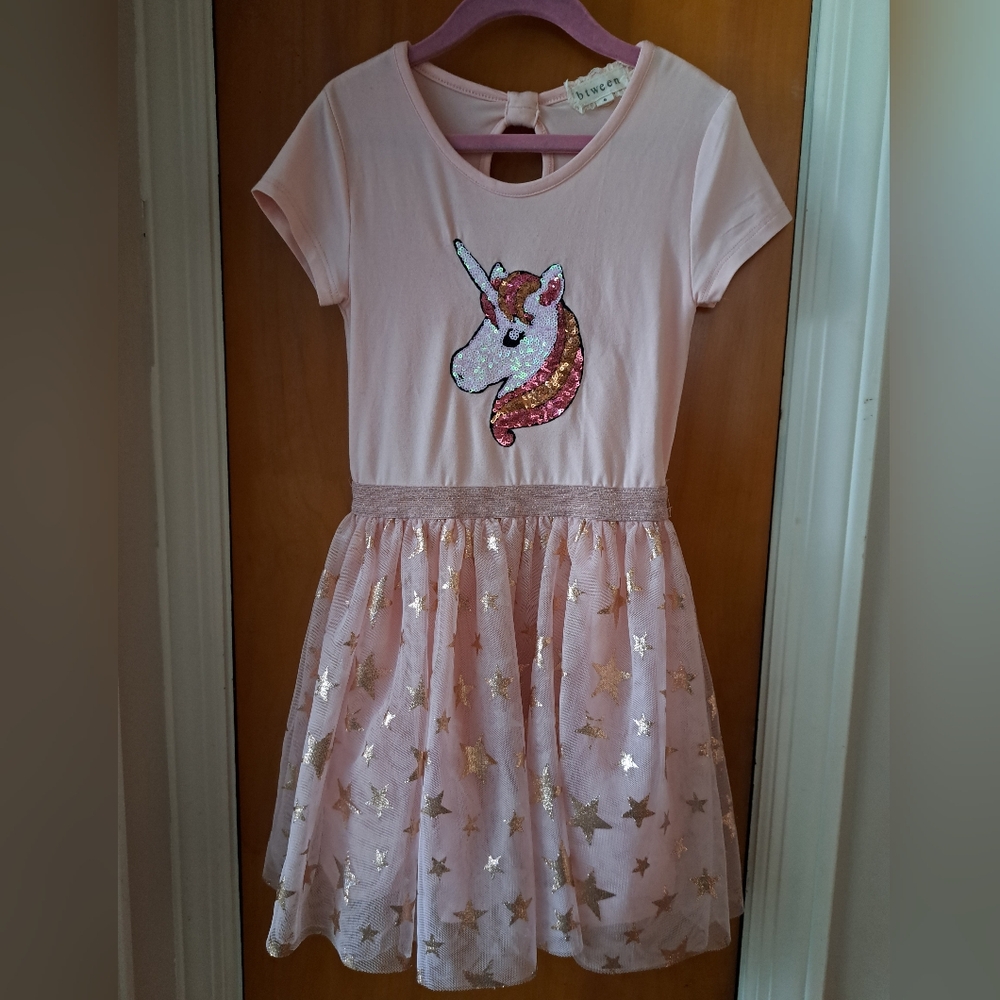 Btween Pink Unicorn Dress with Gold Stars